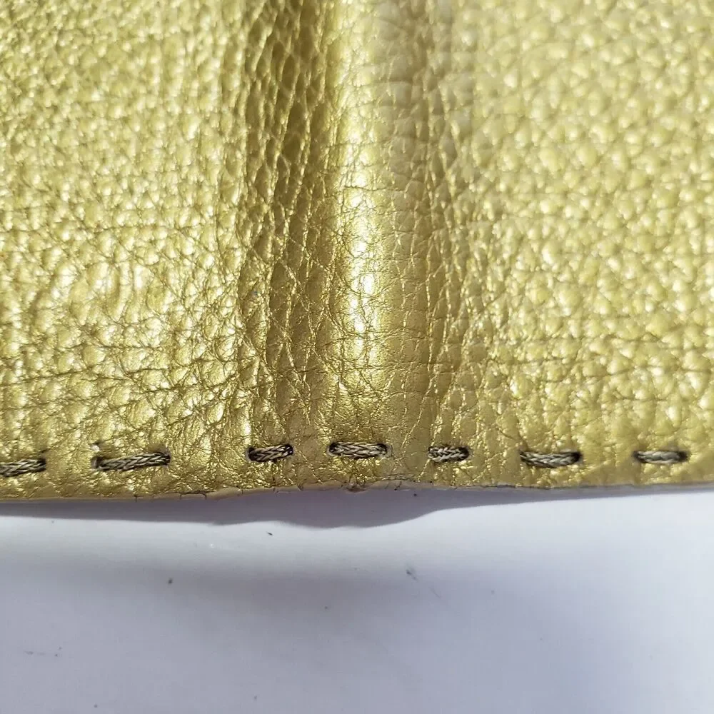 Fendi Selleria Wallet Metalic Gold Pebble Leather Wallet Bifold‎ Large Logo Glam